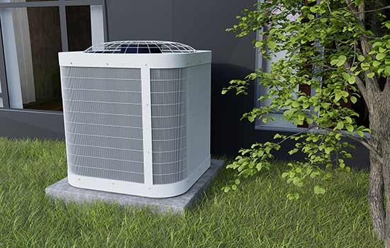 A rendering of an A/C Condenser situated outside a home on an elevated concrete slab.