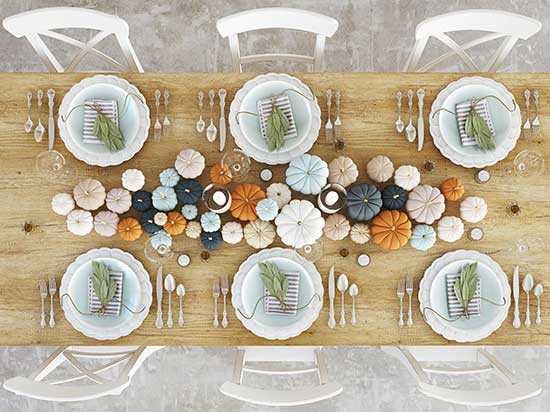 overview of table set for a holiday meal