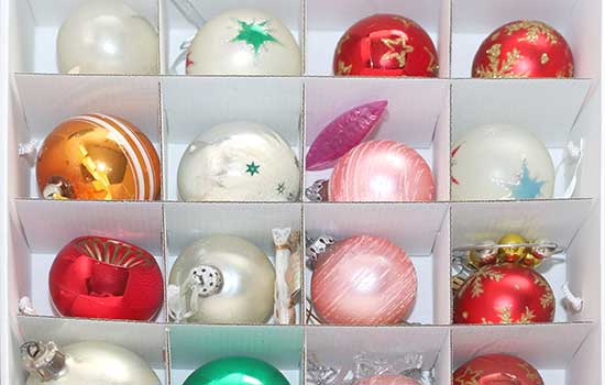 Christmas ornaments in ornament storage box