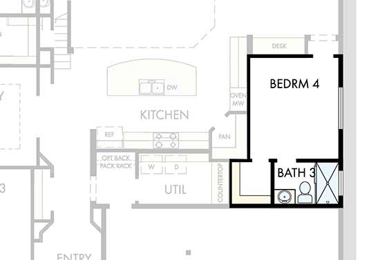 This San Antonio-area floor plan features a mother-in-law suite behind the kitchen and dining