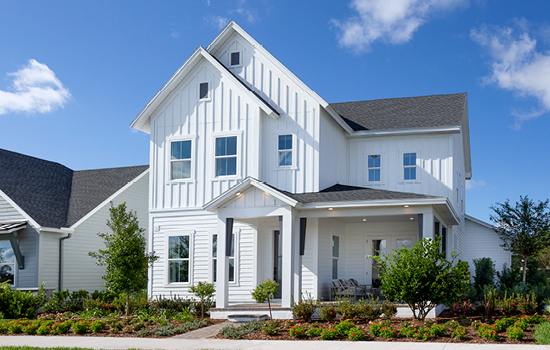 The exterior of The Forrest Model Home in Jacksonville features updating paint that complements to surrounding community and natural scenery.