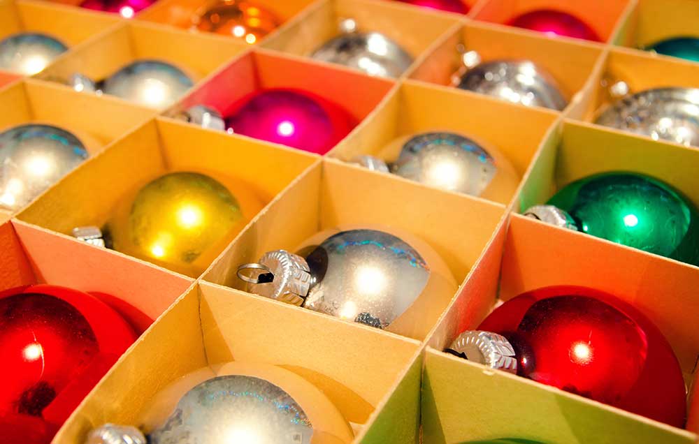 A case of colorful Christmas tree bulbs.