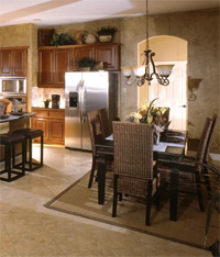 Kitchen interior with woven rug.